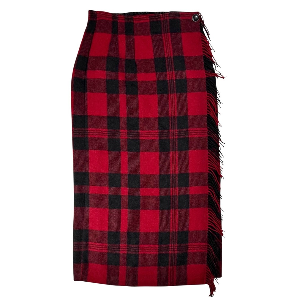 NWT Vintage Woolrich Red Buffalo Plaid Wool Blanket Midi Wrap Skirt Sz 8 Fringe‎